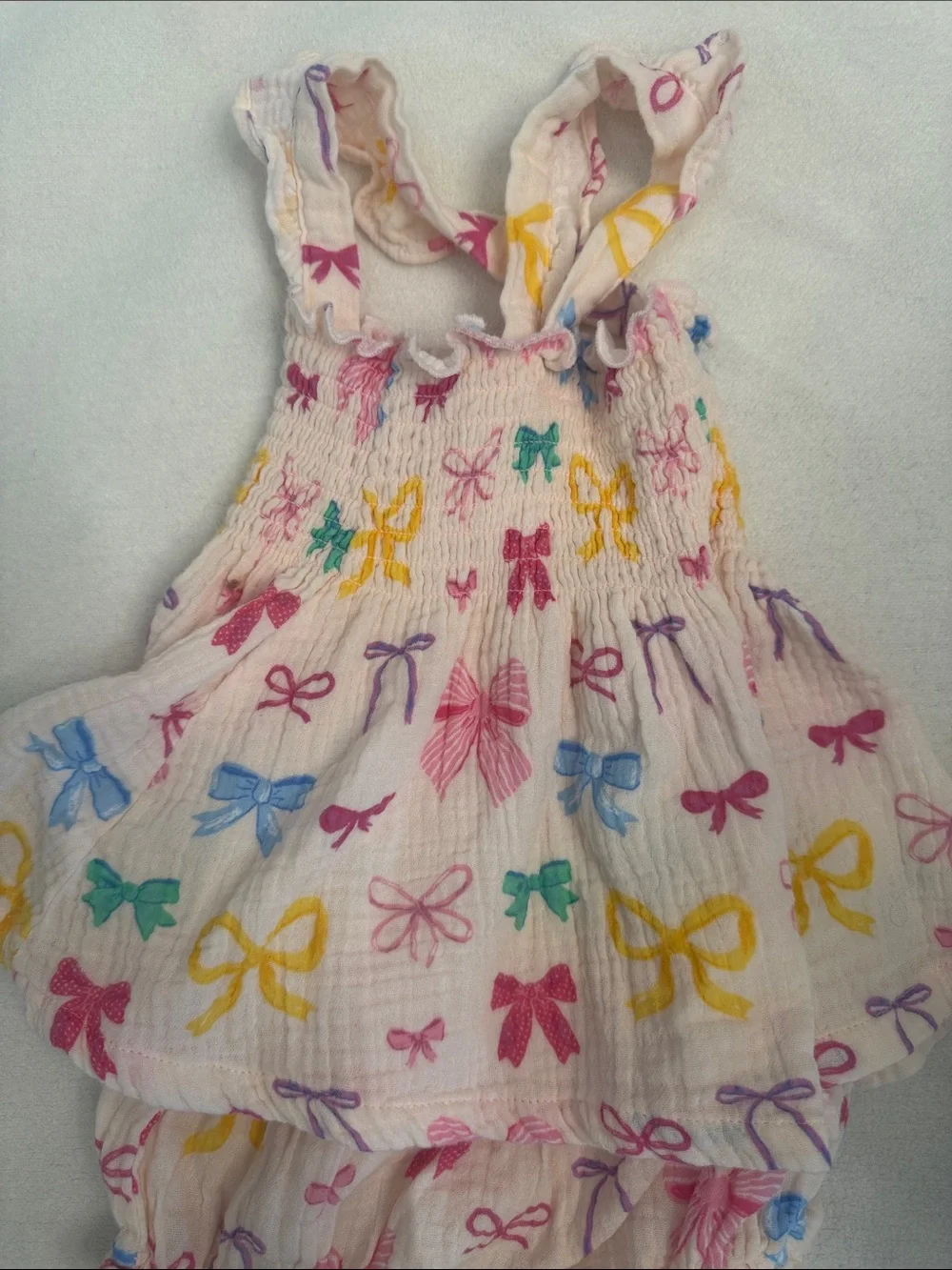 Angel Dear Cream Bow Print Tank Dress & Bloomers Set with Multicolor Bows